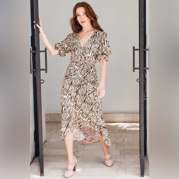 ELF Made by Hand Set Sail Wrap Dress Midi Puff Sleeves Size Large Tan Brown - Picture 3 of 16